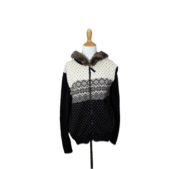 Tommy Hilfiger Sweater Zip Up Sweater w/Fur Trimmed Hood Black & Cream Size XL - Picture 1 of 9